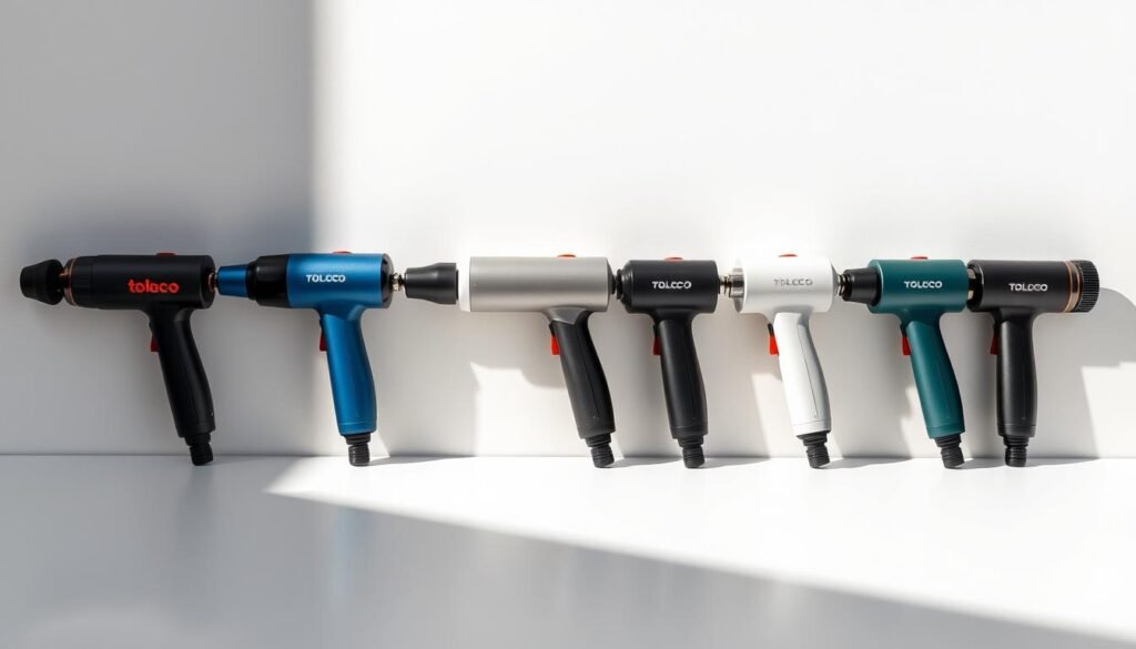 A sleek, modern comparison of several percussion massage guns arranged on a clean, minimalist surface. The guns are positioned in a row, each with distinct design elements, colors, and features visible. Bright, directional lighting casts sharp shadows, highlighting the texture and curves of the devices. The background is a muted, neutral tone that allows the massage guns to be the focal point. The overall scene conveys a sense of precision, functionality, and considered product design, reflecting the crowded but competitive market the Toloco massage gun aims to stand out in.