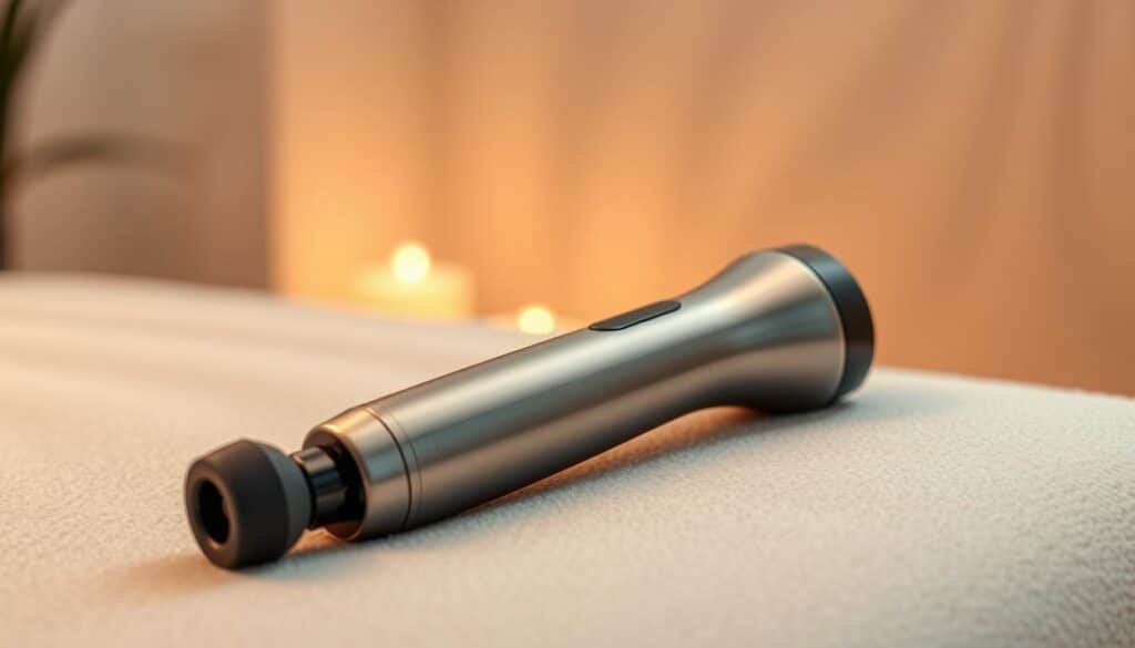 A sleek, modern cordless massage gun resting on a soft, plush surface. The device is rendered in high-resolution, with a brushed metal finish and ergonomic design. The background is blurred, creating a sense of focus on the massage gun. Subtle ambient lighting casts a warm glow, conveying a relaxing, spa-like atmosphere. The overall scene evokes a sense of recovery and rejuvenation, perfectly capturing the essence of the Pursonic Professional Cordless Rechargeable Massage Gun.