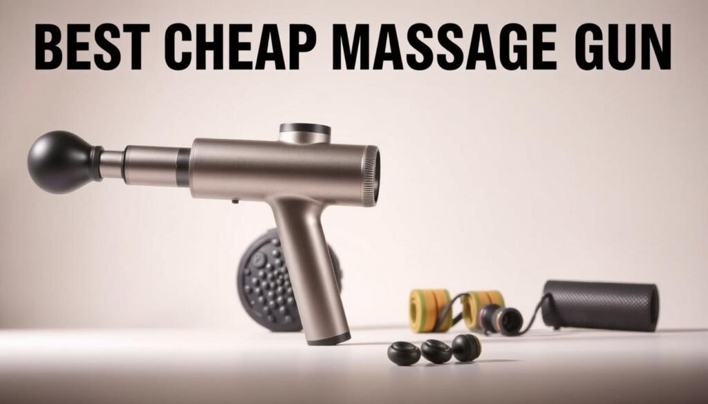 A sleek, modern display of top affordable muscle recovery devices against a clean, minimalist background. In the foreground, a high-quality massage gun with a metallic finish, its ergonomic handle and interchangeable attachments showcased in a flattering, low-angle shot. In the middle ground, a vibrating foam roller and a set of resistance bands, their textures and materials clearly visible. The background features a simple, neutral-toned backdrop, allowing the recovery devices to take center stage. Soft, directional lighting emphasizes the products' shapes and highlights their premium construction, conveying a sense of quality and effectiveness. The overall scene evokes a premium, spa-like atmosphere, perfectly suited for showcasing the "Best Cheap Massage Gun" product selection.