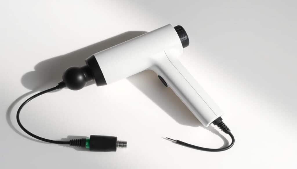 A sleek, modern handheld massage gun rests on a minimalist, well-lit background. The device's battery life indicator and portability features, such as a detachable cord and compact design, are prominently displayed. The image has a clean, technical aesthetic, with a neutral color palette and subtle shadows to highlight the product's key attributes. The lighting is soft and directional, creating a sense of depth and emphasizing the massage gun's tactile, high-quality construction. The overall composition is balanced and visually appealing, showcasing the product's practicality and versatility.