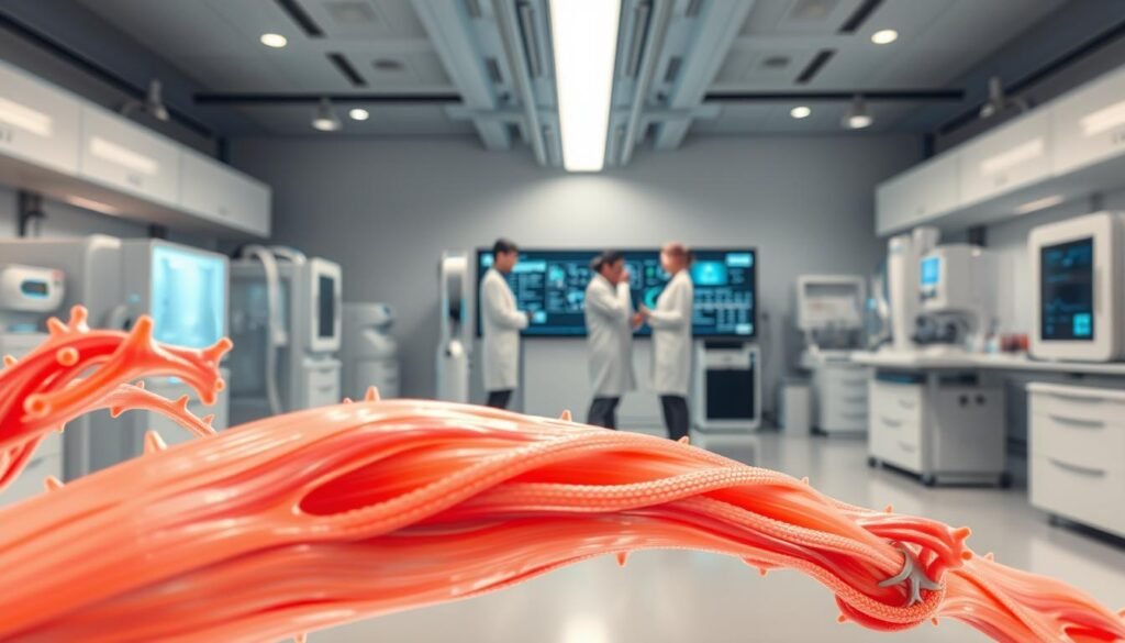 A sleek, modern laboratory setting with sophisticated scientific equipment. In the foreground, a high-resolution 3D model of muscle fibers, their intricate structure and recovery processes visible in vivid detail. In the middle ground, a team of researchers in white lab coats, intently studying data displayed on a large touchscreen interface. The background features state-of-the-art diagnostic machines, beakers, and displays conveying the latest advancements in muscle recovery science. Soft, directional lighting illuminates the scene, creating a sense of focus and professionalism. The overall atmosphere exudes a balance of technical precision and human-centric innovation.