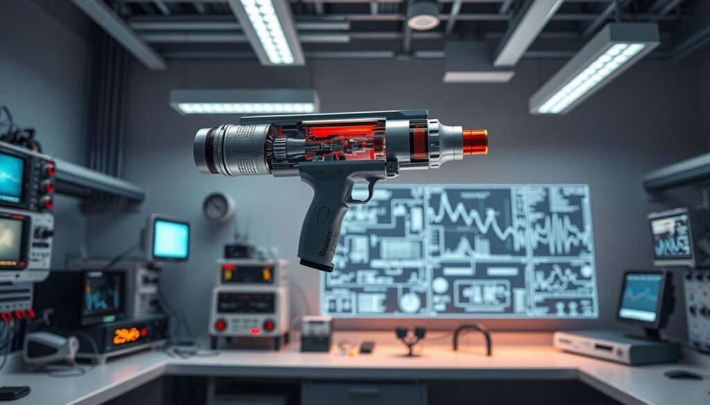 A sleek, modern laboratory with state-of-the-art vibration technology research equipment. In the foreground, a high-tech massage gun hovers, its intricate inner mechanisms visible. Surrounding it, various sensors, oscilloscopes, and digital displays showcase the science behind the device's powerful vibrations. Soft, indirect lighting illuminates the scene, creating a contemplative atmosphere. In the background, a large holographic display projects schematics and data visualizations, hinting at the depth of research and innovation happening in this space. The overall impression is one of cutting-edge technology, scientific rigor, and the potential to revolutionize the world of self-care.