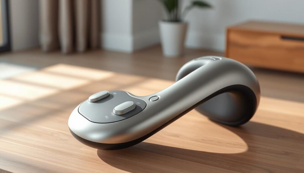 A sleek, modern lyric therapeutic massager rests on a minimalist wooden surface, its metallic accents gleaming under soft, directional lighting. The device's ergonomic design and intuitive controls are prominently featured, showcasing its user-friendly functionality. In the background, a serene, blurred environment evokes a sense of relaxation and wellness, complementing the massager's purpose of providing effective muscle relief. The overall composition conveys a premium, high-quality aesthetic that would appeal to those seeking a sophisticated solution for their self-care needs.