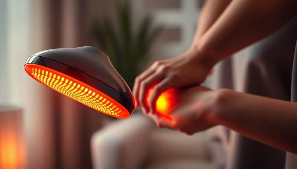 A sleek, modern massage device hovers in the foreground, its LED lights pulsing with a warm, therapeutic glow. In the middle ground, a person's hand gently massages a muscle, the heat and light seamlessly integrated to provide deep, soothing relief. The background is a softly blurred scene, perhaps a home interior or spa-like setting, conveying a sense of relaxation and well-being. The lighting is directional, casting subtle shadows and highlights to accentuate the form and textures of the massage tool and the human touch. The overall mood is one of calm, comfort, and the harmonious fusion of technology and the human touch.