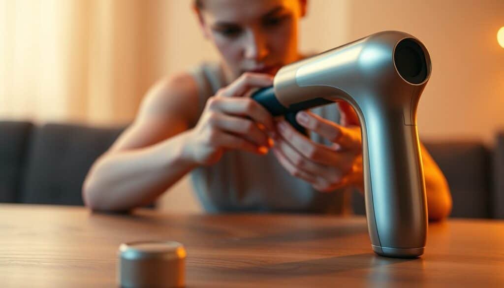 A sleek, modern massage device prominently displayed in the foreground, its smooth, ergonomic form and brushed metal finish catching the light. In the middle ground, a person's hands carefully examining the device, troubleshooting its inner workings with a focused expression. The background is softly blurred, creating a sense of concentration and attention to detail. Warm, directional lighting casts subtle shadows, emphasizing the device's contours and the person's attentive gestures. The overall mood is one of problem-solving and careful, methodical inspection, reflecting the "Resolving the aura wellness massage gun not turning on Issue" section.