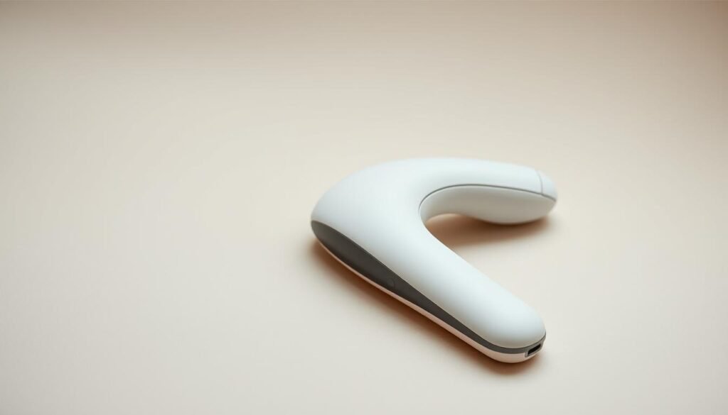A sleek, modern massage device rests on a neutral-toned, minimalist background. The device is positioned at a slight angle, allowing a clear view of its clean, streamlined design. Soft, diffused lighting creates a sense of tranquility, highlighting the device's premium texture and matte finish. The scene exudes a high-end, spa-like atmosphere, inviting the viewer to imagine the soothing, rejuvenating experience of using this massage tool. The unboxing setup suggests a thoughtful, carefully curated presentation, reflecting the quality and attention to detail of the product.