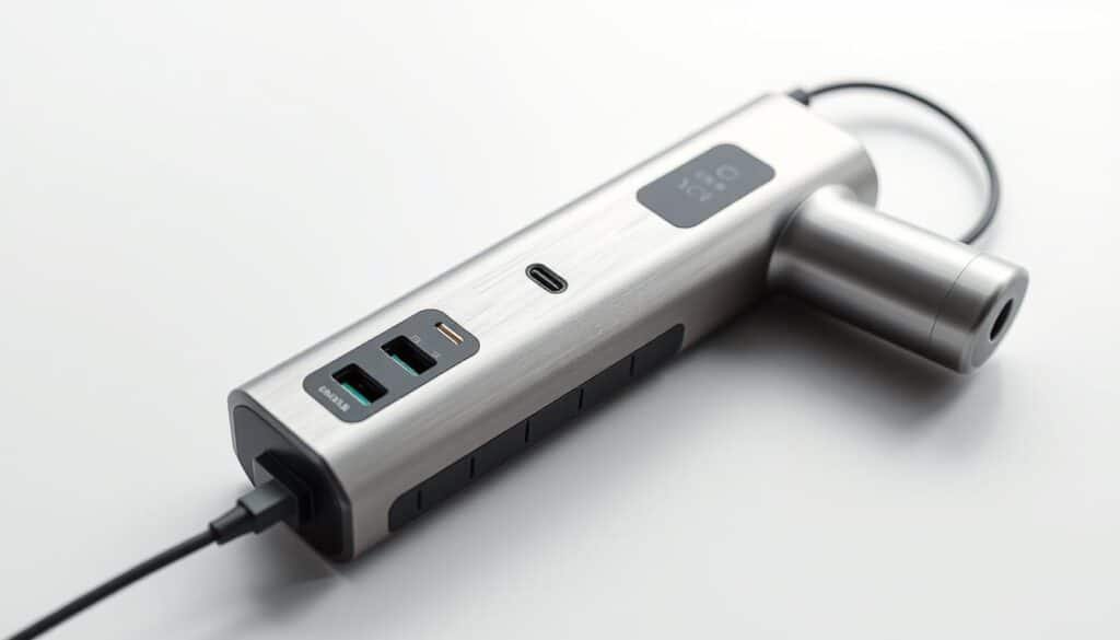 A sleek, modern massage gun charger rests on a minimalist, white surface, its brushed metal body and minimalist design exuding sophistication. The charger's key features, such as its multiple charging ports, indicator lights, and cord management system, are prominently displayed, inviting the viewer to appreciate its practical and well-thought-out design. Soft, directional lighting highlights the charger's clean lines and premium materials, creating a sense of high-quality and attention to detail. The overall scene conveys a sense of efficiency, functionality, and the device's ability to seamlessly integrate into a modern, organized workspace or home environment.