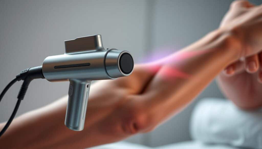 A sleek, modern massage gun hovers in the foreground, its metallic body gleaming under soft, diffused lighting. The gun's vibrant percussive motion is captured in a dynamic blur, conveying the powerful yet soothing sensation of deep tissue therapy. In the middle ground, a muscular, athletic limb is being treated, the skin flushed with warmth as the massage gun's intense pulses relieve deep-seated tension and knots. The background is blurred, creating a sense of focus and immersion, drawing the viewer's attention to the therapeutic process unfolding before them. The overall mood is one of clinical precision, technological innovation, and restorative wellness.