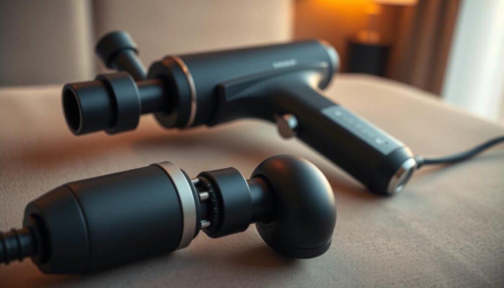 A sleek, modern massage gun resting on a neutral-toned surface, bathed in warm, soft lighting that highlights its ergonomic design and premium materials. The gun's body has a matte black finish, accented by metallic gray details, exuding a sense of sophisticated functionality. In the foreground, the massage head attachment is prominently displayed, showcasing its ability to target specific muscle groups. The background is slightly blurred, creating a focus on the massage gun as the central subject. The overall composition conveys a sense of high-quality, professional-grade equipment suitable for use in a home or studio setting.