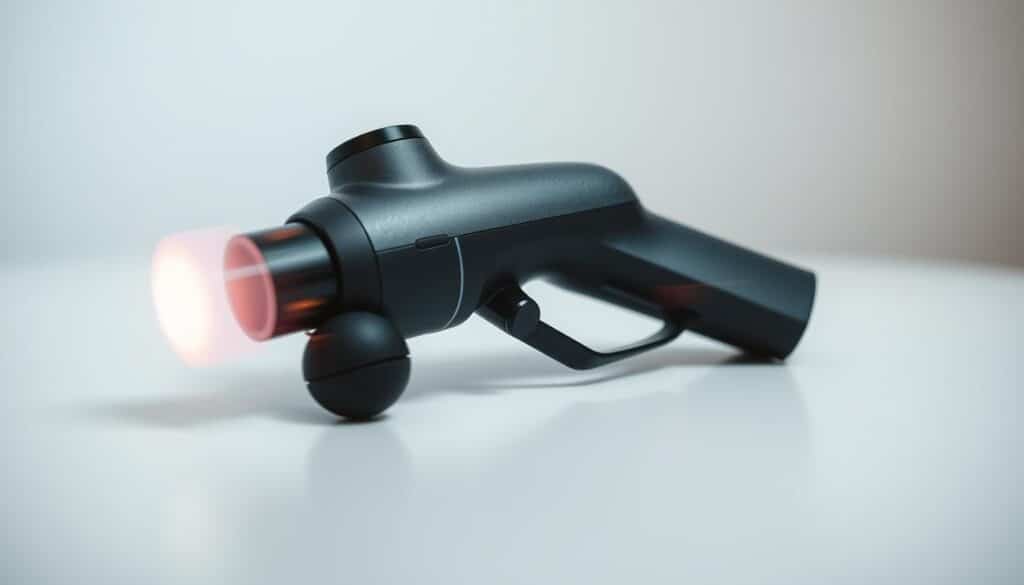 A sleek, modern massage gun resting on a neutral-toned surface, its tactile, minimalist design highlighted by strategic studio lighting. The device's vibrant motion is visually captured through a series of motion blur effects, conveying the sensation of its powerful percussive massage. The background is softly blurred, drawing the viewer's focus to the massage gun's operation and the auditory experience it produces. The overall mood is one of clinical precision and technological efficiency, showcasing the tool's functionality in a sophisticated, visually engaging manner.