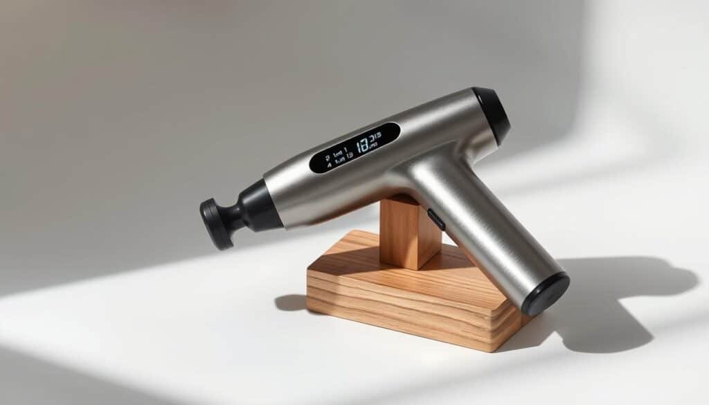 A sleek, modern massage gun with a brushed metal body, its customizable intensity levels displayed prominently on a digital LCD screen. The gun rests on a minimalist wooden stand, casting subtle shadows on a clean, white background. Soft, diffused lighting highlights the gun's ergonomic design and elegant curves, conveying a sense of quality and precision. The overall mood is one of understated sophistication, inviting the viewer to imagine the soothing, therapeutic experience of using this high-performance massage tool.
