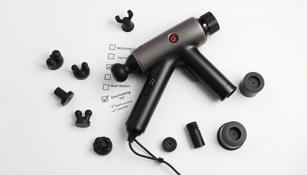 A sleek, modern massage gun with various attachments laid out on a clean, white background. The gun is positioned prominently in the center, surrounded by a checklist of common issues like "Not Turning On", "Weak Vibration", and "Overheating". The checklist is neatly organized, with clear icons and concise descriptions. Soft, directional lighting highlights the details of the gun and the checklist, creating a professional, informative atmosphere. The overall composition conveys a sense of troubleshooting and problem-solving, perfectly suited for an article on common massage gun issues.