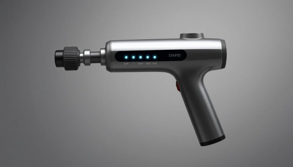 A sleek, modern massage gun with various speed settings showcased on a minimalist gray background. The gun's body is rendered in high detail, highlighting its ergonomic design and durable, metallic construction. The speed settings are displayed as a series of illuminated dots or indicators, evenly spaced along the gun's handle, creating a visually appealing and informative representation of the percussion range. Soft, directional lighting accentuates the gun's contours and the precision of the speed settings, conveying a sense of technological sophistication and clinical efficacy. The overall composition is clean, balanced, and focused, emphasizing the key features relevant to the article's "Examining Percussion Range and Speed Settings" section.