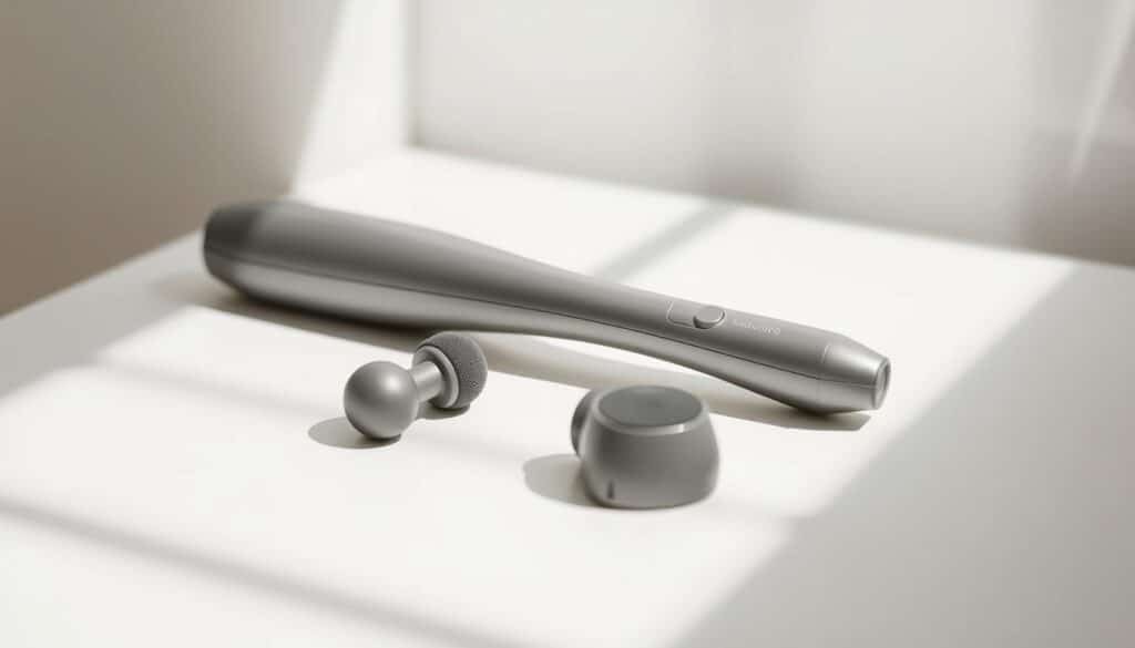 A sleek, modern massage tool resting on a minimalist, light-colored surface, illuminated by soft, natural lighting. The tool features a smooth, ergonomic handle, with distinct massage attachments visible in the foreground, showcasing their unique shapes and textures. The middle ground highlights the tool's sophisticated design, with clean lines and a matte finish. The background maintains a simple, uncluttered aesthetic, allowing the massage tool to be the focal point, emphasizing its key features and benefits.