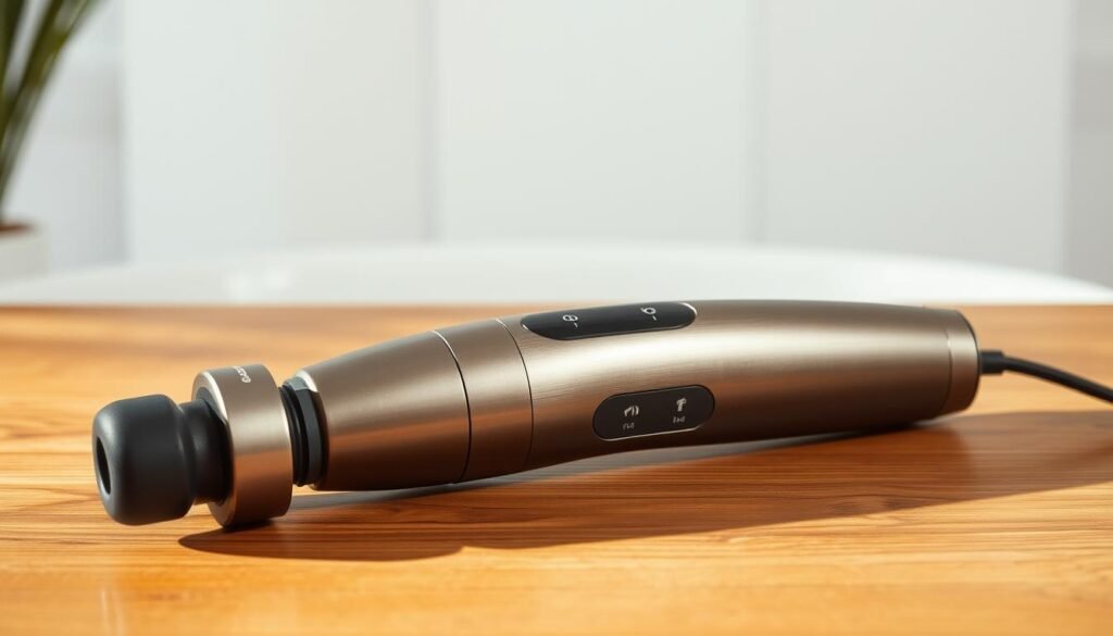A sleek, modern muscle recovery device rests on a minimalist wooden surface, its brushed metal body gleaming under soft, directional lighting. In the foreground, the device's ergonomic handgrip and massage head come into focus, hinting at its power and precision. The middle ground reveals the device's intuitive control panel, with clearly labeled settings and modes. In the background, a clean, airy environment suggests a tranquil, spa-like setting, creating a sense of restorative calm. The overall composition conveys the device's sophisticated design, ease of use, and potential to facilitate efficient, rejuvenating muscle recovery.