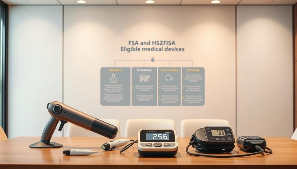 A sleek, modern office setting with a clean, minimalist design. In the foreground, a table displays various medical devices, including a massage gun, a digital thermometer, and a blood pressure monitor. The devices are neatly arranged, showcasing their technical features and functionality. The middle ground features a stylized diagram or infographic that outlines the criteria for FSA and HSA eligible medical devices, with clear, concise labels and icons. The background is a soft, neutral-toned wall, creating a professional and informative atmosphere. Warm, directional lighting highlights the details of the devices and the infographic, emphasizing the importance of understanding the eligibility requirements for these healthcare-related purchases.