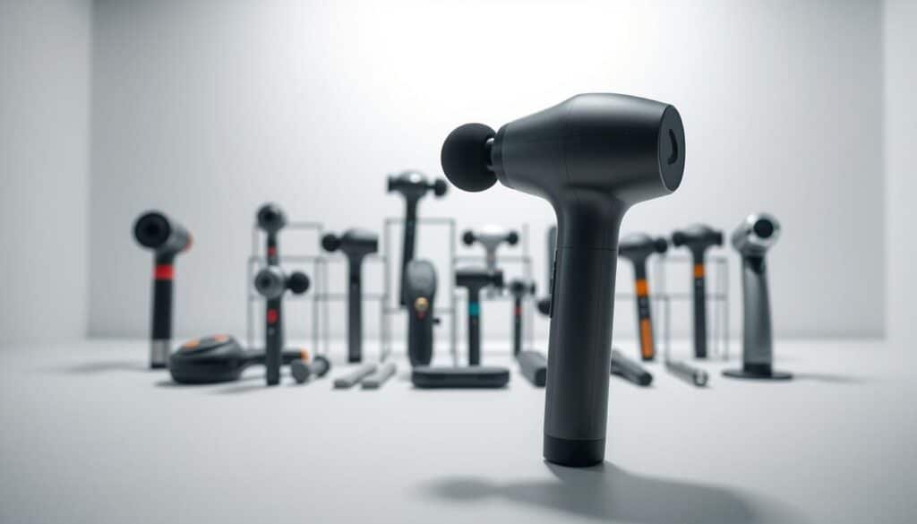 A sleek, modern percussion massager stands prominently in the foreground, surrounded by a grid-like arrangement of other massage devices in the middle ground. The background features a minimalist, well-lit studio setting with clean, white walls and a subtle gradient effect, creating a sense of depth and focus on the products. The lighting is soft and diffused, highlighting the textures and contours of the massagers. The overall composition conveys a sense of comparison and evaluation, inviting the viewer to assess the value and features of the various massage tools.