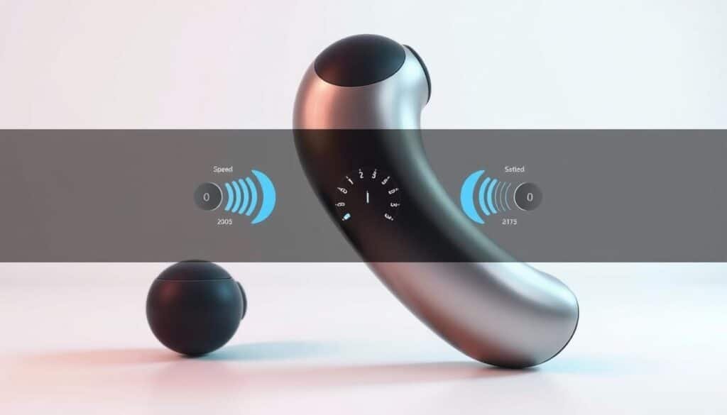 A sleek, modern percussion massager with its speed settings clearly displayed on a high-resolution digital interface. The device is positioned in a well-lit studio setting, with a soft, diffused lighting that highlights its metallic finish and ergonomic design. The background is a clean, minimalist backdrop, allowing the massager to be the central focus of the image. The composition emphasizes the device's controls, showcasing the various speed settings and their visual representation, providing a detailed view for the user to understand the product's capabilities.