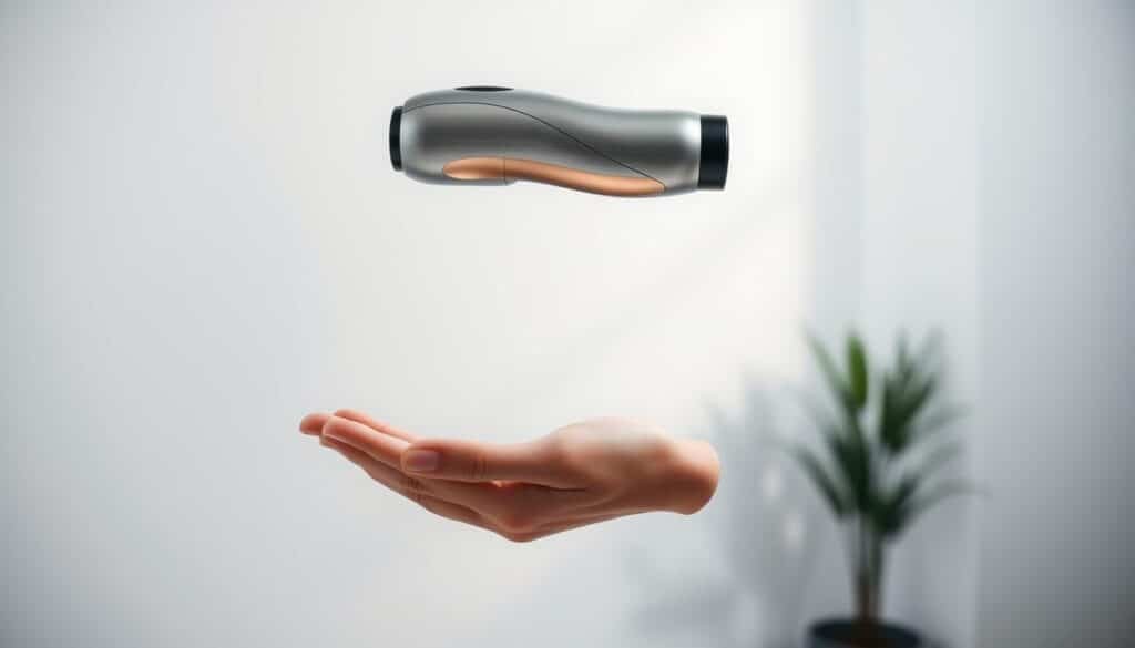 A sleek, modern percussion therapy device hovers in a clean, well-lit studio setting. The device's brushed metal exterior gleams under bright, directional lighting, casting sharp shadows that accentuate its ergonomic form. In the middle ground, a disembodied hand holds the device, showcasing its intuitive, ergonomic grip. The background is blurred, creating a sense of focus on the technology. The overall mood is one of clinical precision and high-tech sophistication, conveying the advanced nature of this percussion massage tool.