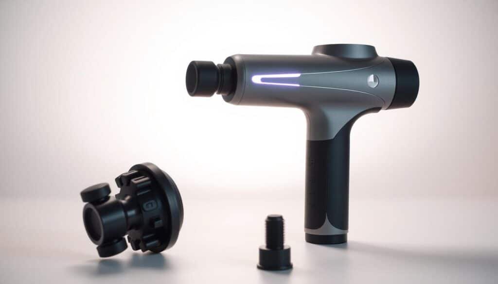A sleek, modern percussion therapy device with a metallic body and rubberized grip. The device features an ergonomic handle, a powerful motor, and multiple interchangeable massage heads. The device is illuminated by a soft, diffused LED light, creating a warm and soothing atmosphere. The scene is captured in a clean, minimalist studio setting, with the device prominently displayed against a plain white background, allowing its features to take center stage. The lighting is crisp and directional, casting subtle shadows and highlights to accentuate the device's curves and textures. The overall impression is one of high-quality, efficient, and user-friendly design, perfectly suited for the "Exploring the Features of the cholas massage gun" section of the article.