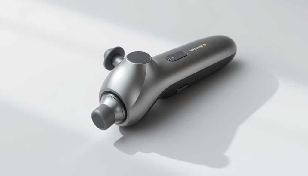 A sleek, modern percussive therapy device resting on a minimalist, gray surface. The device features a metallic, matte-finished body with a smooth, ergonomic grip. Its massage head protrudes from the front, surrounded by a brushed aluminum housing. Subtle LED indicators and tactile controls adorn the device, conveying its technical capabilities. Soft, directional lighting illuminates the scene, casting gentle shadows that highlight the device's form and texture. The background is a clean, white studio setting, allowing the percussive therapy device to be the focal point, showcasing its precise engineering and design.