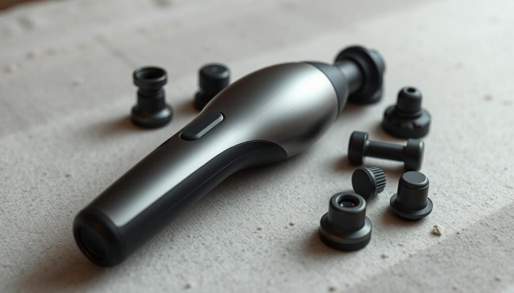 A sleek, modern percussive therapy device resting on a neutral-toned, minimalist surface. The device has a brushed metal or matte black finish, with a contoured, ergonomic handle and various massage head attachments neatly arranged around it. Soft, directional lighting from the side creates subtle shadows, highlighting the device's form and texture. The background is hazy and out of focus, allowing the massage device to be the central focus of the image, conveying a sense of precision, function, and therapeutic potential.