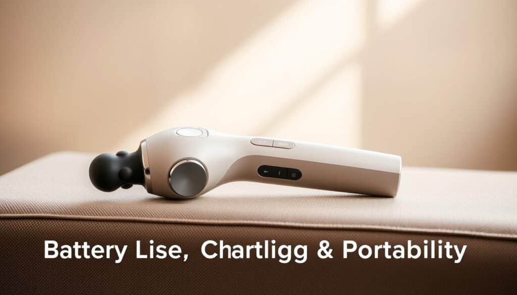 A sleek, modern portable percussion massager rests on a neutral-toned surface, its ergonomic design and metallic accents catching the light from a natural, soft overhead source. The device's rechargeable battery pack is visible, hinting at its cordless, on-the-go capabilities. The background is blurred, keeping the focus on the massager's clean lines and intuitive controls, conveying a sense of efficient portability and ease of use. The overall mood is one of sophisticated functionality, perfectly suited for the "Battery Life, Charging & Portability" section of the article.
