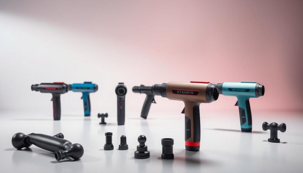 A sleek, modern studio setting with soft, directional lighting highlighting a stylish arrangement of top-tier massage gun models. The foreground features several high-end massage guns in various colors and designs, displayed on a clean, minimalist surface. The middle ground showcases the ergonomic features and unique attachments of each model, inviting a closer inspection. In the background, a simple yet sophisticated backdrop, perhaps a textured wall or subtle gradients, creates a sense of sophistication and professionalism, perfectly suited for showcasing these premium self-care tools.