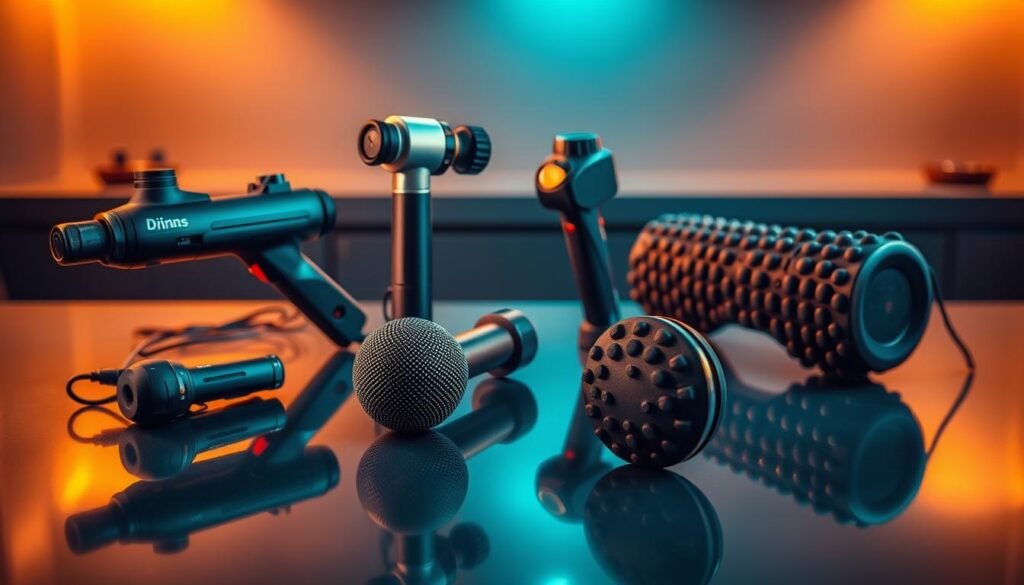A sleek, modern tabletop showcasing an array of vibration therapy devices, including a high-intensity massage gun, a handheld percussive massager, and a vibrating foam roller. The devices are positioned with care, casting soft shadows on the smooth, reflective surface. Warm, directional lighting illuminates the scene, highlighting the intricate textures and metallic accents of the equipment. The background is blurred, drawing the viewer's focus to the vibrant, dynamic display of massage tools. The overall atmosphere conveys a sense of clinical precision and sophisticated wellness technology.