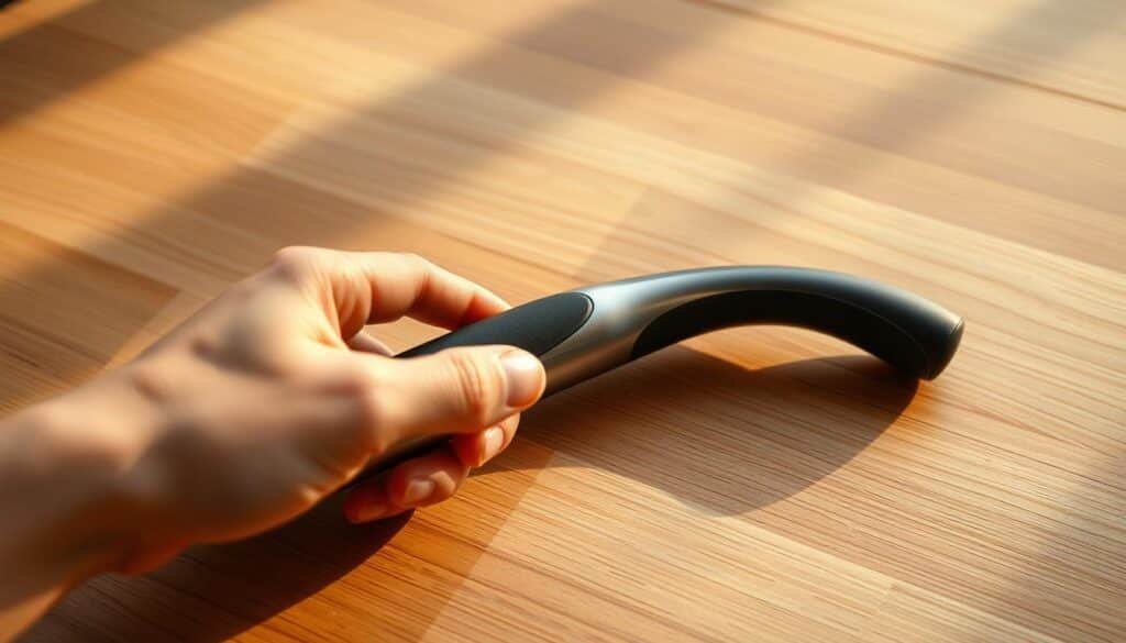 A sleek, portable muscle recovery device rests on a minimalist wooden surface, bathed in warm, directional lighting. The device features a metallic body with a rubberized handle, precision-engineered to deliver deep, soothing vibrations. In the foreground, a hand gently holds the device, its contours and texture inviting the user to experience its therapeutic power. The middle ground showcases the device's thoughtful design, with clean lines and a tactile, high-quality finish. The background is softly blurred, allowing the recovery tool to take center stage and convey a sense of focus and intentionality.