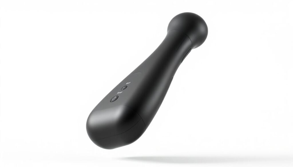 A sleek, portable percussion therapy device levitates against a clean, minimalist background. The device's ergonomic, matte-black body features intuitive controls and pulsing massage heads that glisten under crisp, directional lighting. The scene exudes a sense of modern, high-tech wellness, inviting the viewer to experience the restorative power of this innovative self-care tool. The composition emphasizes the device's sophisticated design and functionality, showcasing its potential to provide muscle relief and relaxation in a convenient, on-the-go format.