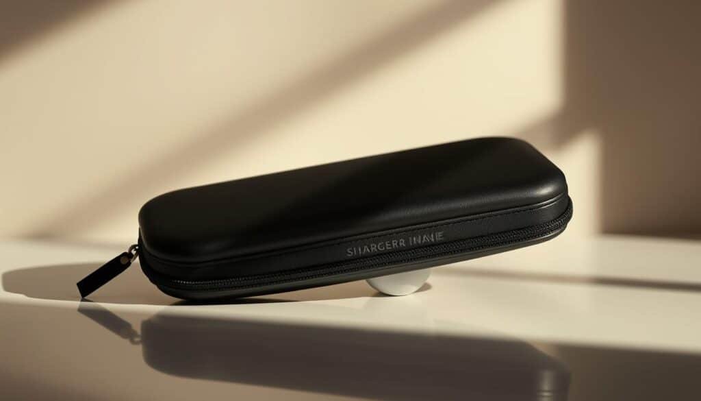A sleek, premium carrying case made of black vegan leather, with a soft, padded interior to safely transport a Sharper Image massage gun. The case features a sturdy zipper closure, a minimalist design, and a subtle Sharper Image logo embossed on the front panel. Resting on a flat, reflective surface, the case is illuminated by soft, directional lighting, casting subtle shadows that highlight its clean lines and premium construction. The overall mood is one of sophisticated simplicity, hinting at the high-quality experience awaiting the unboxer of the Sharper Image massage gun.