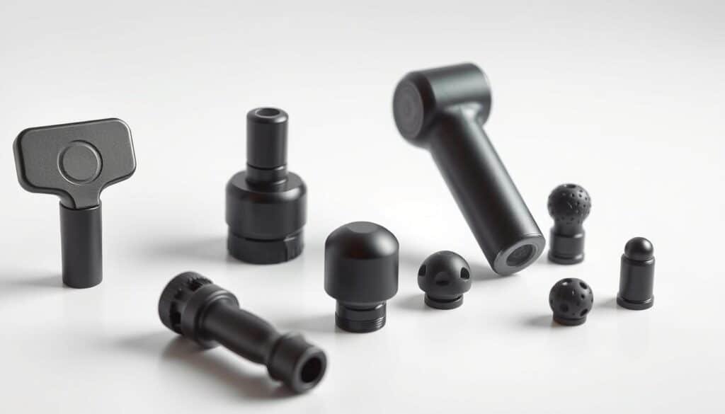 A sleek, professional-grade massage gun attachment set is displayed on a clean, minimalist background. The attachments are precisely arranged, showcasing their distinct shapes and sizes - from flat paddles to spherical nodules, each designed to target specific muscle groups. Soft, directional lighting accentuates the subtle textures and contours of the attachments, conveying a sense of high-quality craftsmanship. The overall composition exudes a clinical, yet approachable aesthetic, inviting the viewer to envision how these targeted muscle relief tools could alleviate tension and soreness in the body.