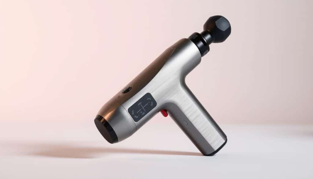 A sleek, professional-grade portable recovery tool, featuring a modern and ergonomic design. The device is made of high-quality, durable materials, with a brushed metal finish that exudes a premium feel. It is compact and lightweight, making it easy to carry and use on the go. The massage gun is equipped with multiple speed settings and interchangeable massage heads, allowing for a customized and targeted massage experience. Soft, diffused lighting illuminates the tool, creating a soothing, spa-like atmosphere. The device is expertly captured at a dynamic angle, showcasing its advanced functionality and sophisticated aesthetic.
