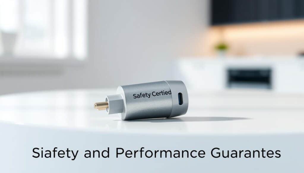 A sleek, safety-certified charger rests on a clean, white surface, its metallic housing gleaming under soft, directional lighting. The charger's design exudes a sense of quality and reliability, with subtle textures and clean lines that convey a premium, professional aesthetic. In the background, a blurred, minimalist environment suggests a modern, technology-focused setting, further emphasizing the charger's role as a trusted, high-performance accessory. The overall composition and lighting create a sense of assurance and confidence, reflecting the "Safety and Performance Guarantees" of the product.