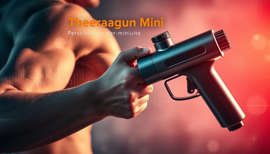 A vibrant and dynamic image showcasing the power and performance of a Theragun Mini massage gun. In the foreground, the massage gun is prominently displayed, its sleek and modern design accentuated by strong, directional lighting that casts dramatic shadows. The middle ground features a muscular human arm, partially exposed, with the massage gun firmly pressed against the surface, demonstrating its percussive force and deep tissue relief. The background is hazy and out of focus, creating a sense of motion and energy, with a pulsing grid of lines and shapes to represent the "percussions per minute" concept. The overall mood is one of intensity, efficiency, and the therapeutic benefits of the Theragun Mini's targeted massage therapy.