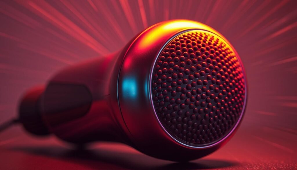 A vibrant close-up shot of a modern vibration therapy muscle massager, its sleek metallic body glowing under warm studio lighting. The device's powerful vibrations are visually conveyed through a hazy, blurred effect radiating outward, creating a sense of pulsing energy. The massage head is prominently featured, its textured surface promising deep, soothing relief to tense, aching muscles. The background is blurred, keeping the focus solely on the advanced massage technology and its therapeutic capabilities.