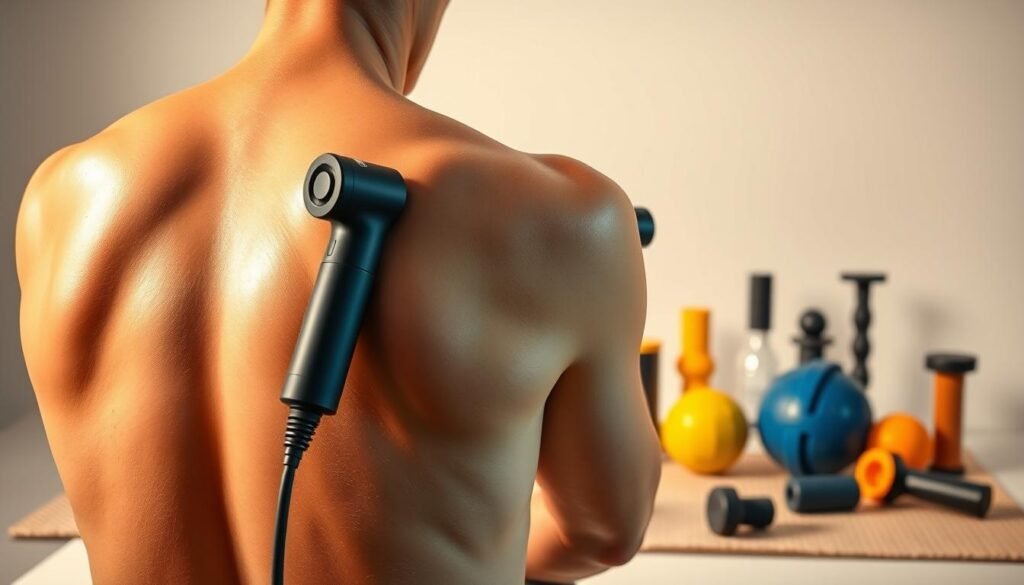 A vibrant, high-resolution image of percussion therapy benefits. In the foreground, a person's back is shown with a massage gun gently gliding across the muscles, releasing tension and improving blood flow. In the middle ground, various percussion therapy tools are displayed, such as massage balls, rollers, and trigger point devices. The background features a soothing, minimalist environment with soft lighting, calming hues, and a sense of relaxation. The overall scene conveys the therapeutic and restorative nature of percussion therapy, highlighting its ability to alleviate pain, enhance recovery, and promote overall well-being.