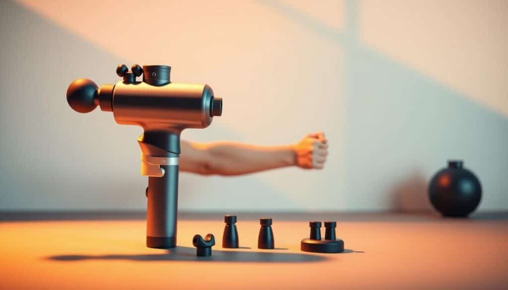 A visually striking image of a muscle recovery device, showcasing its pros and cons. In the foreground, the device itself - a sleek, modern massage gun with various attachments - stands prominently. Capturing its tactile, high-quality design and features. In the middle ground, a person's arm is partially visible, receiving the device's therapeutic vibrations. Surrounding this, a minimalist background, featuring simple geometric shapes and soothing gradients, emphasizes the device's capabilities. Warm, directional lighting accentuates the device's form, while soft shadows suggest its efficacy. The overall composition conveys a sense of balance, highlighting both the benefits and potential drawbacks of this muscle recovery tool.