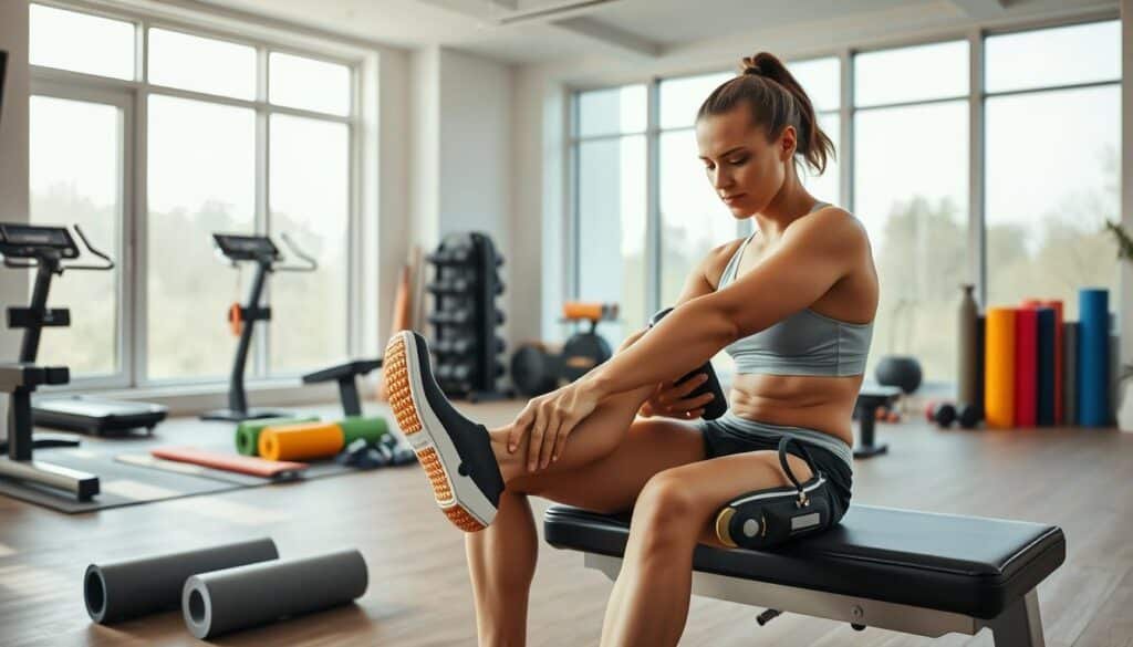 A well-equipped home gym with sleek, modern equipment. In the foreground, a person sitting on a workout bench, diligently massaging their leg with a Sharper Image massage gun. Mid-ground, various recovery tools like foam rollers, resistance bands, and yoga mats are neatly arranged. The background showcases large windows, allowing natural light to flood the space, creating a serene, calming atmosphere. The lighting is soft and diffused, highlighting the person's focused expression as they attend to their post-workout recovery routine. The overall scene conveys a sense of intentional self-care and rejuvenation.