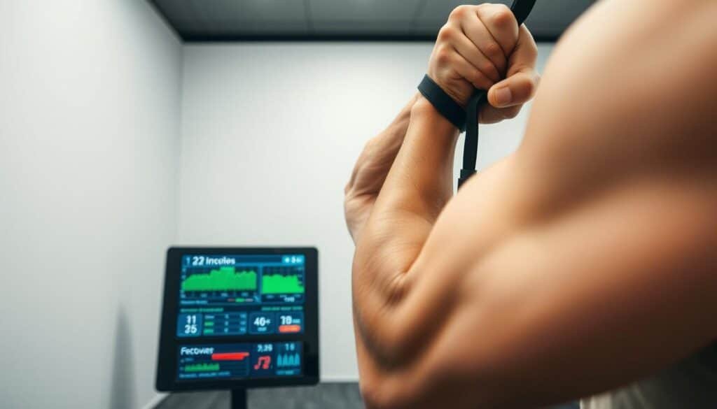A well-lit, close-up shot of a muscular arm undergoing a thorough testing process. The foreground showcases the subject's flexed bicep, with veins visibly pulsing as they grip a resistance band. In the middle ground, a digital display screen shows real-time data, providing insights into muscle activation, recovery, and fatigue levels. The background features a clean, minimalist studio setting, with diffused lighting and a sense of clinical precision, conveying the professionalism and attention to detail of the testing procedure. The overall mood is one of scientific rigor and a dedication to optimizing muscle performance and recovery.