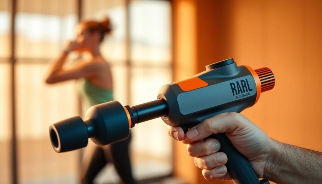 A well-lit, detailed close-up image of a human hand firmly grasping a percussive massage gun, showcasing its ergonomic design and powerful functionality. The gun's vibrant color scheme complements the warm, soothing hues of the surrounding environment, creating a calming, therapeutic atmosphere. The background features a blurred, soft-focus scene of a person engaging in physical activity, highlighting the device's intended use for active lifestyles. The overall composition emphasizes the versatility and benefits of percussive therapy, inviting the viewer to explore its potential for muscle recovery and pain relief.