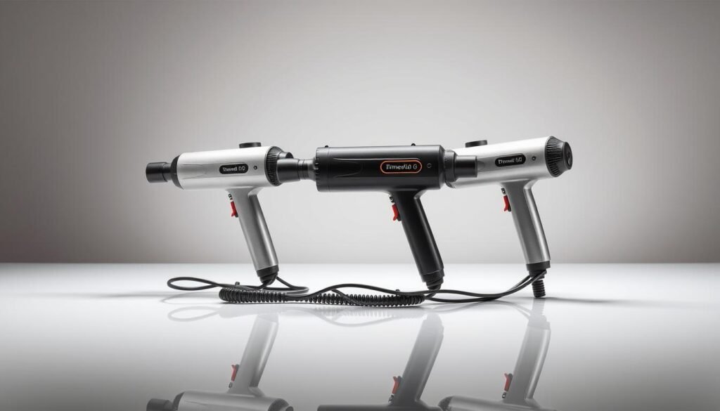 A well-lit, high-quality studio photograph of three different massage gun devices neatly arranged on a clean, reflective surface. The guns are positioned in the foreground, showcasing their distinctive designs and features. The middle ground contains a subtle, minimalist background that allows the products to take center stage. Crisp lighting accentuates the textures, materials, and controls of each massage gun, inviting the viewer to closely examine and compare the devices. An overall sense of professionalism and attention to detail conveys the high-quality nature of the products.