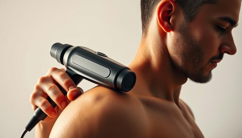 A well-lit, highly detailed image of a person using a massage gun on their shoulder, demonstrating proper and safe percussive therapy techniques. The subject is shown from the side, with a clean, minimalist background. The massage gun is clearly visible, its various attachments and functions highlighted. The person's expression conveys focus and control, showcasing the correct hand placement and pressure application. Soft, natural lighting illuminates the scene, creating a calm and professional atmosphere. The image should convey the idea of an educational, instructional guide on the safe and effective use of massage gun heads.