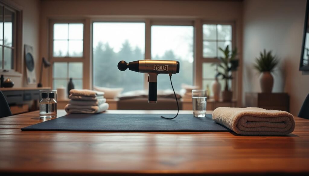 A well-lit home gym setup with a massage gun and other recovery tools neatly arranged on a wooden desk. A plush exercise mat occupies the foreground, flanked by a stack of towels and a glass of water. In the middle ground, the Everlast hot and cold massage gun stands prominently, its sleek design complementing the minimalist decor. The background features large windows allowing natural light to filter in, creating a soothing, spa-like ambiance. Soft, diffused lighting casts a warm glow over the scene, inviting the viewer to imagine themselves unwinding after a challenging workout.