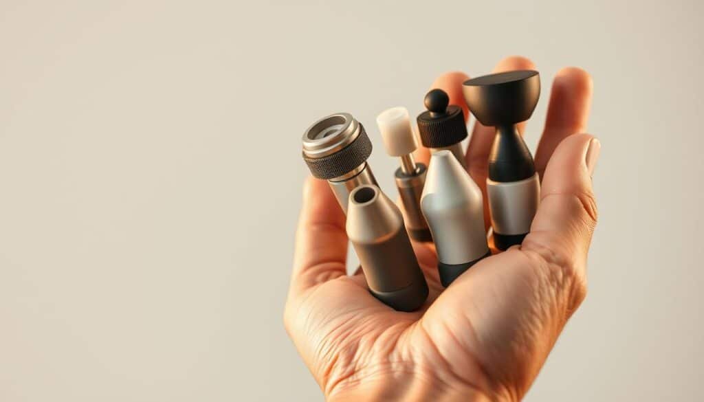 Close-up shot of various massage gun attachments held in a human hand, showcasing the design and build quality. Detailed view of the different shaped and textured heads, including round, flat, and contoured tips, made of high-quality materials like metal and silicone. Warm, directional lighting from the side highlights the tactile surfaces and ergonomic shapes, conveying a sense of premium craftsmanship. The hand is positioned prominently in the foreground, with a clean, minimalist background that allows the attachments to be the focal point. The image should communicate the versatility, durability, and attention to detail in the design of these massage tool accessories.