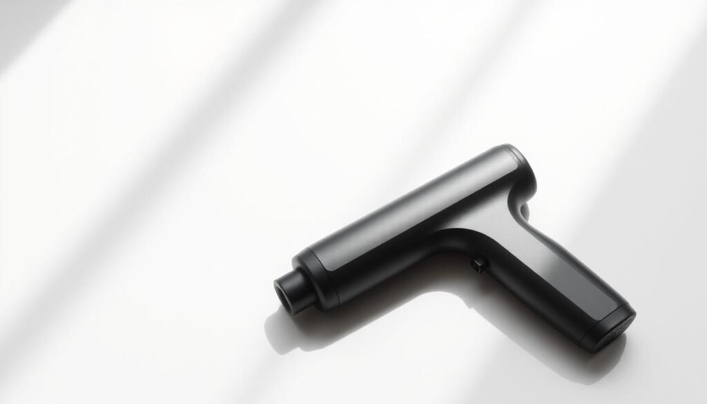 Compact muscle recovery design: a sleek, minimalist massage gun with a sculpted metal body and ergonomic grip, resting on a clean, well-lit surface. Smooth, rounded edges and a matte black finish convey a sense of quality and sophistication. The device's compact size is emphasized through carefully composed angles, casting subtle shadows that highlight its portable, travel-friendly form. Soft, diffused lighting from above accentuates the device's contours, creating a sense of depth and dimensionality. The overall scene exudes a sense of refinement, power, and effortless functionality - a tool designed to seamlessly integrate into an active, wellness-focused lifestyle.