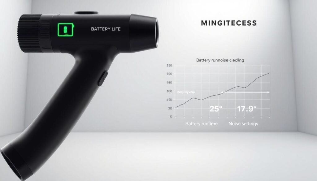 Detailed schematic illustration showcasing the battery life and noise levels of a Fitrx Pro massage gun. Foreground depicts the gun in profile view, with clear indicators for battery capacity and decibel readings. Midground features a graph chart comparing battery runtime and noise output between different power settings. Background shows a neutral, minimalist studio setting with subtle grid lines, creating a technical and informative atmosphere. Lighting is clean, with soft shadows and highlights emphasizing the product's design. Camera angle is angled slightly from above to provide an comprehensive overview of the subject.