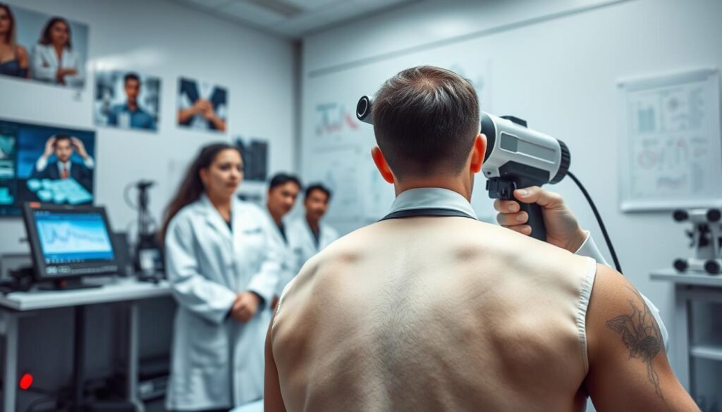 Detailed scientific research on percussive therapy, showcasing a clinical laboratory setting with high-tech massage guns and diagnostic equipment. The foreground features a close-up of a massage gun being applied to a subject's back, capturing the mechanics and precision of the treatment. In the middle ground, researchers in lab coats analyze data and observe the process, conveying an atmosphere of professional investigation. The background depicts medical imagery, charts, and technical diagrams, suggesting the rigorous scientific approach to this emerging therapy. Lighting is bright and clinical, with a sense of depth and a focus on the central massage demonstration. The overall tone is one of thoughtful inquiry, technical expertise, and a dedication to understanding the benefits of percussive therapy.