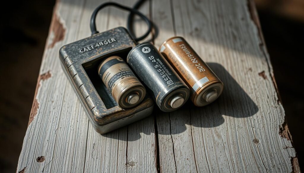 Worn and weathered batteries and charger, sitting atop a distressed wooden surface. The charger's casing is scuffed and faded, cords frayed. The batteries are dented and tarnished, their metallic contacts corroded. Soft, directional lighting casts shadows, highlighting the wear and imperfections. The overall scene conveys a sense of age and use, underscoring the need for replacement. A tight, close-up composition emphasizes the details of this well-worn, well-loved equipment.